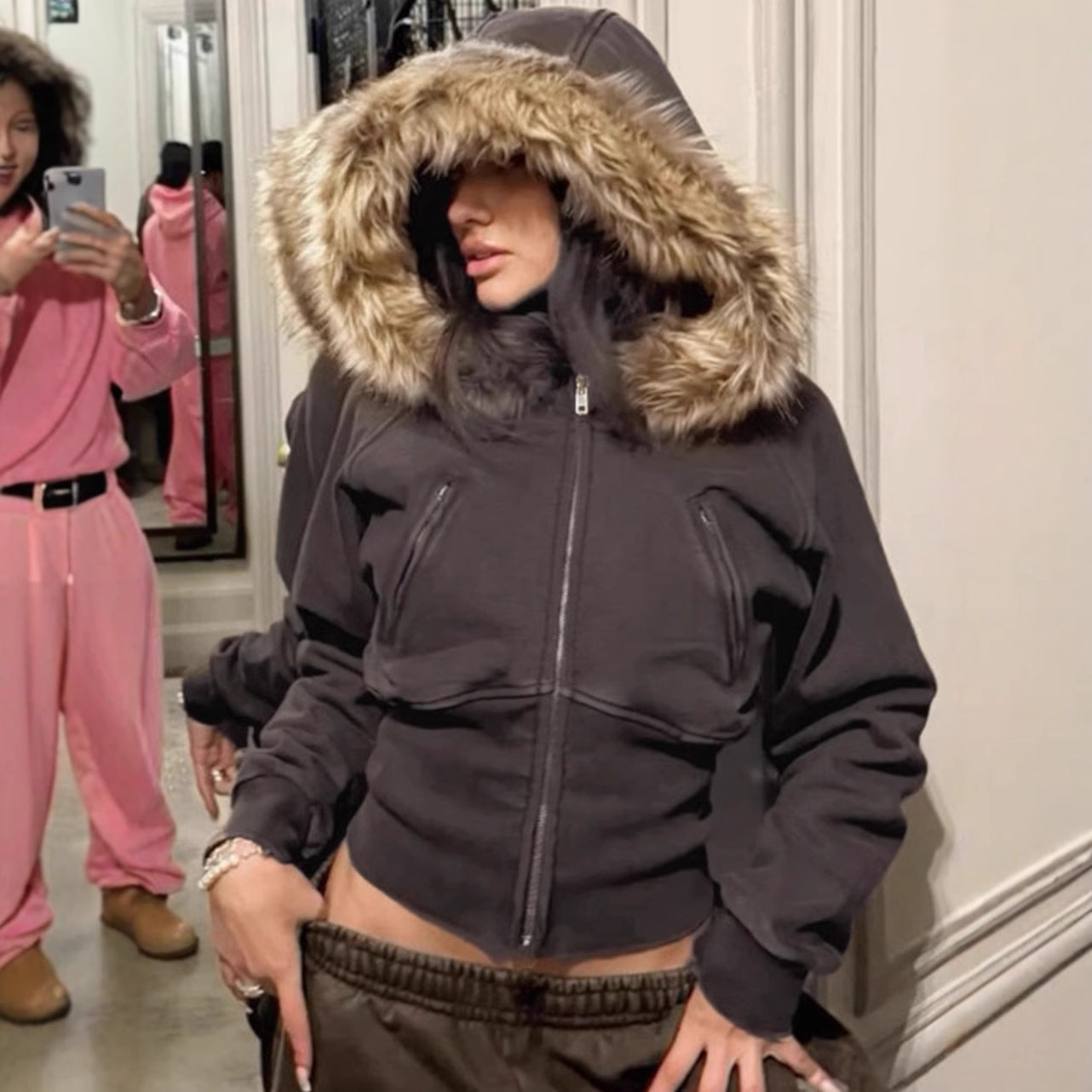 Damen Kapuzenjacke mit Abnehmbarem Fellbesatz Figurbetont