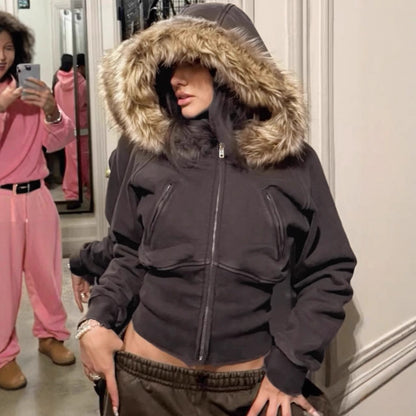 Damen Kapuzenjacke mit Abnehmbarem Fellbesatz Figurbetont