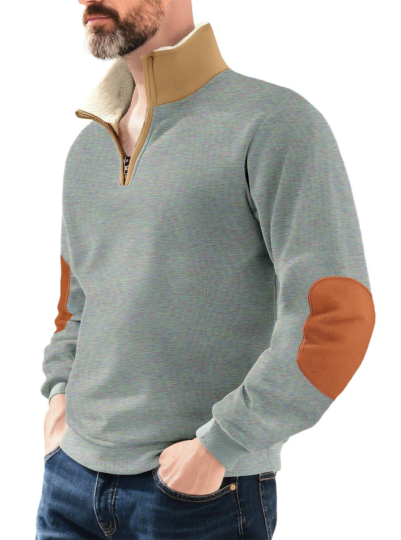Herren Pullover Fleece Stehkragen Kontrast Ellenbogen
