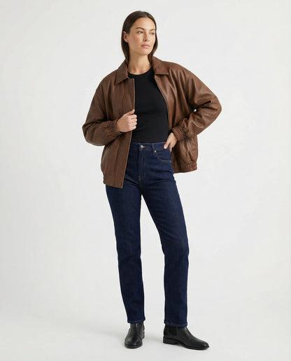 Damen Lederjacke Nappa Optik Blouson mit Hemdkragen Elastisch