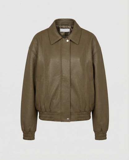Damen Lederjacke Nappa Optik Blouson mit Hemdkragen Elastisch