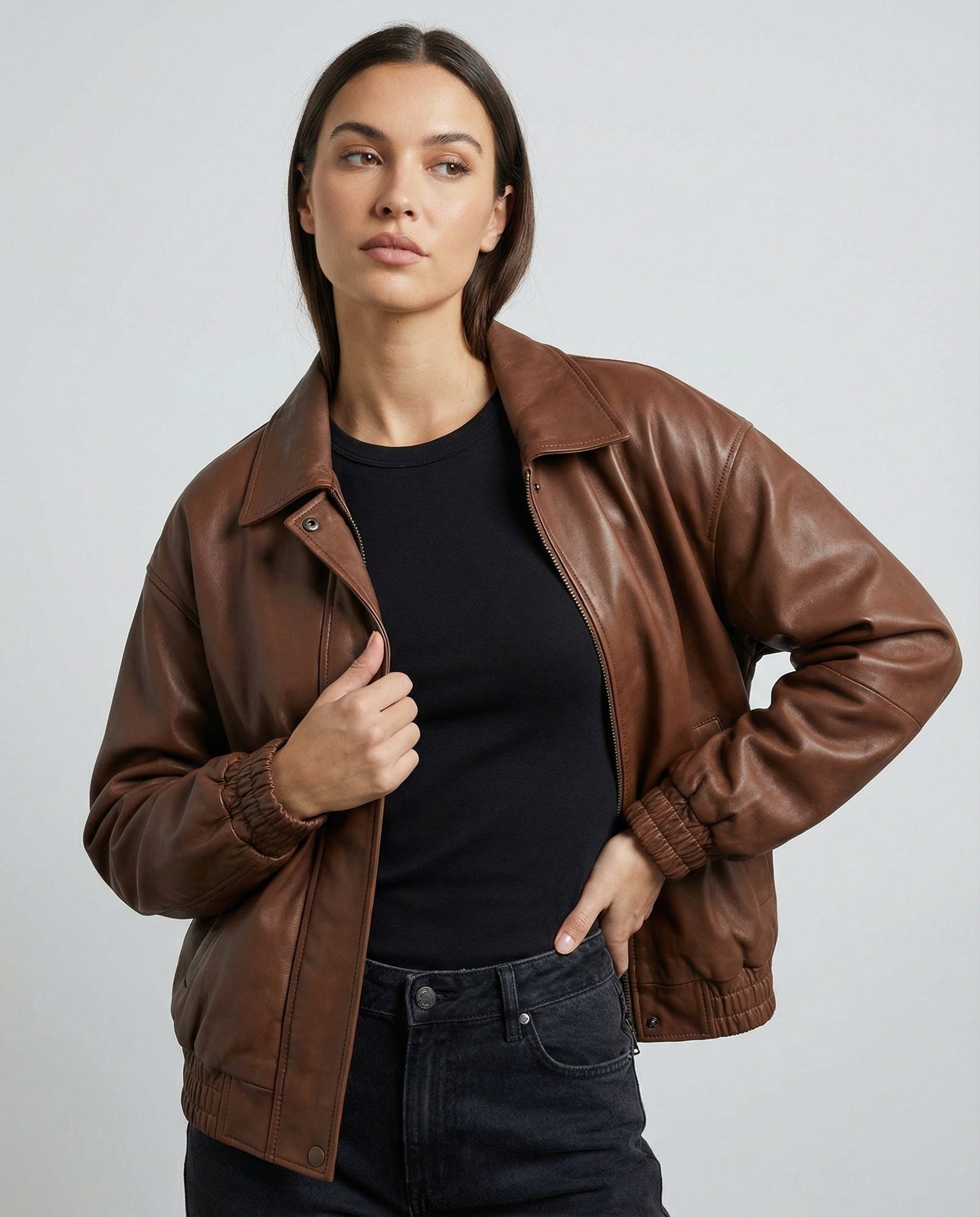 Damen Lederjacke Nappa Optik Blouson mit Hemdkragen Elastisch - BerlinGlamour