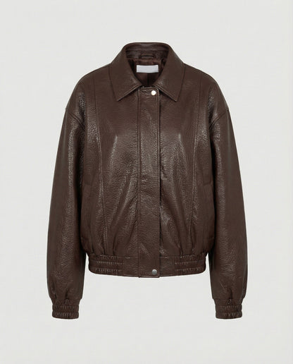 Damen Lederjacke Nappa Optik Blouson mit Hemdkragen Elastisch