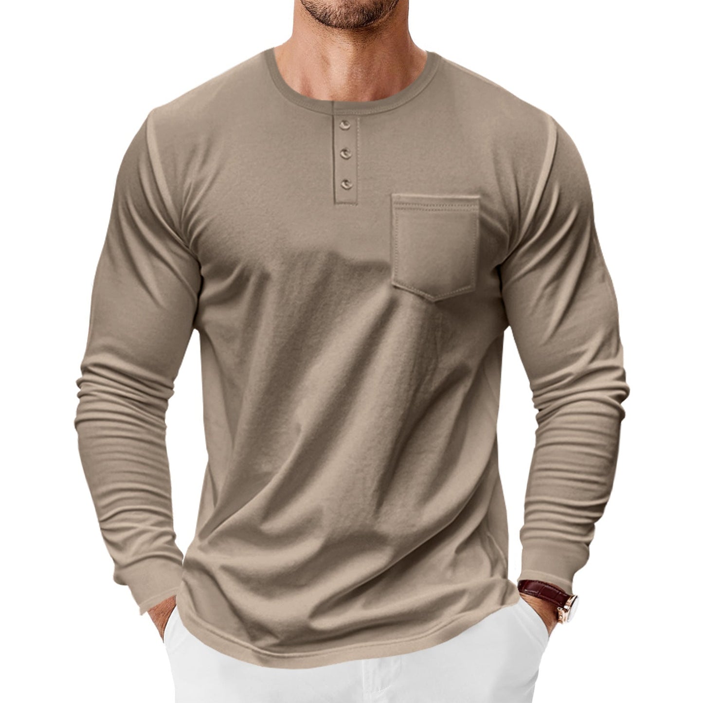Herren Langarmshirt Elegantes Bügelfalte mit Brusttasche Modern