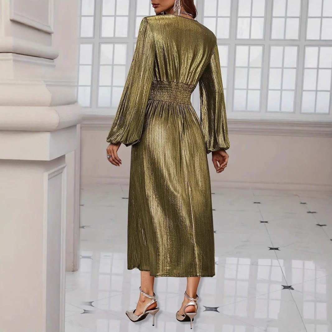 Elegantes Damen Midikleid Metallic Glanz Puffärmel