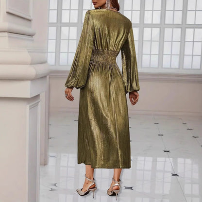 Elegantes Damen Midikleid Metallic Glanz Puffärmel