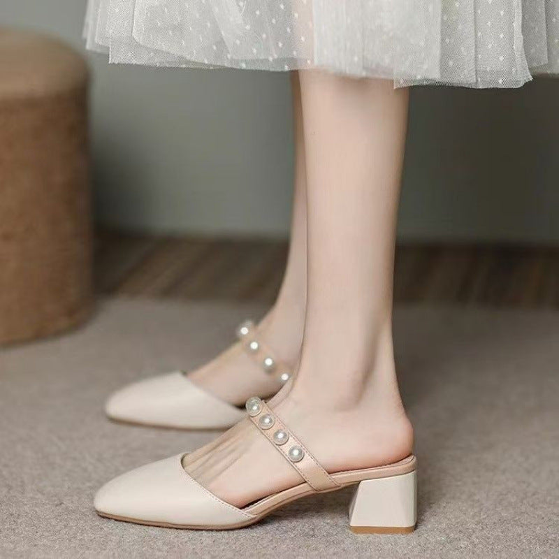Damen Sandalen Geschlossen mit Blockabsatz und Perlen