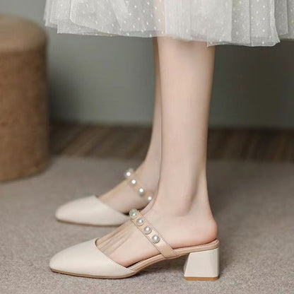Damen Sandalen Geschlossen mit Blockabsatz und Perlen