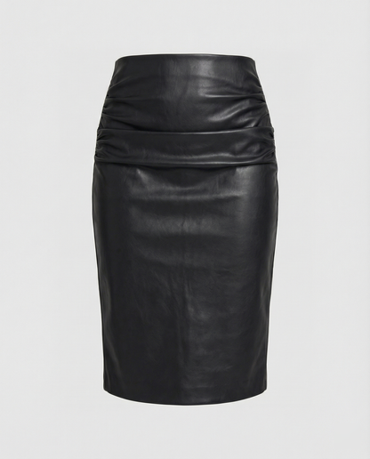 Lederrock Damen Midi Raffung Elegant Schwarz