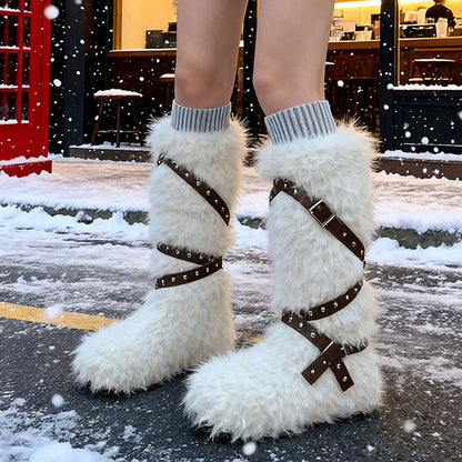 Damen Winterstiefel Flauschig mit Schnallen Schwarz