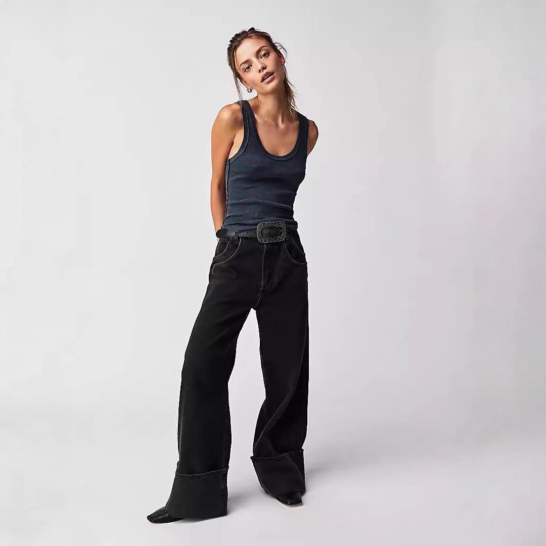 Damen Jeans Weite Bein Umgeschlagener Saum