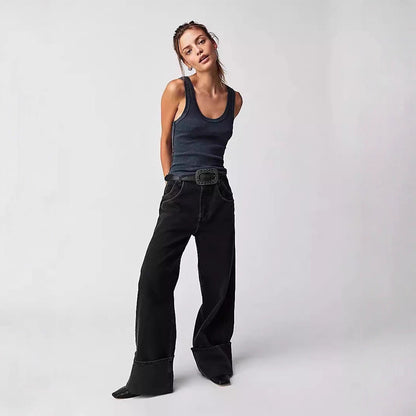 Damen Jeans Weite Bein Umgeschlagener Saum