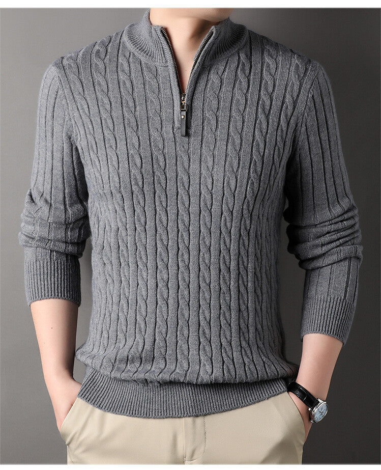 Herren Pullover Strick Zopfmuster Zipper Grün