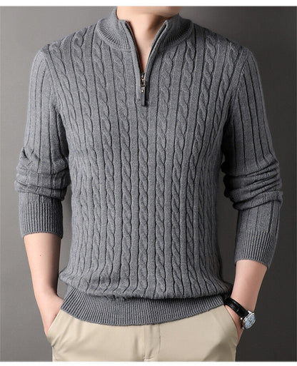 Herren Pullover Strick Zopfmuster Zipper Grün