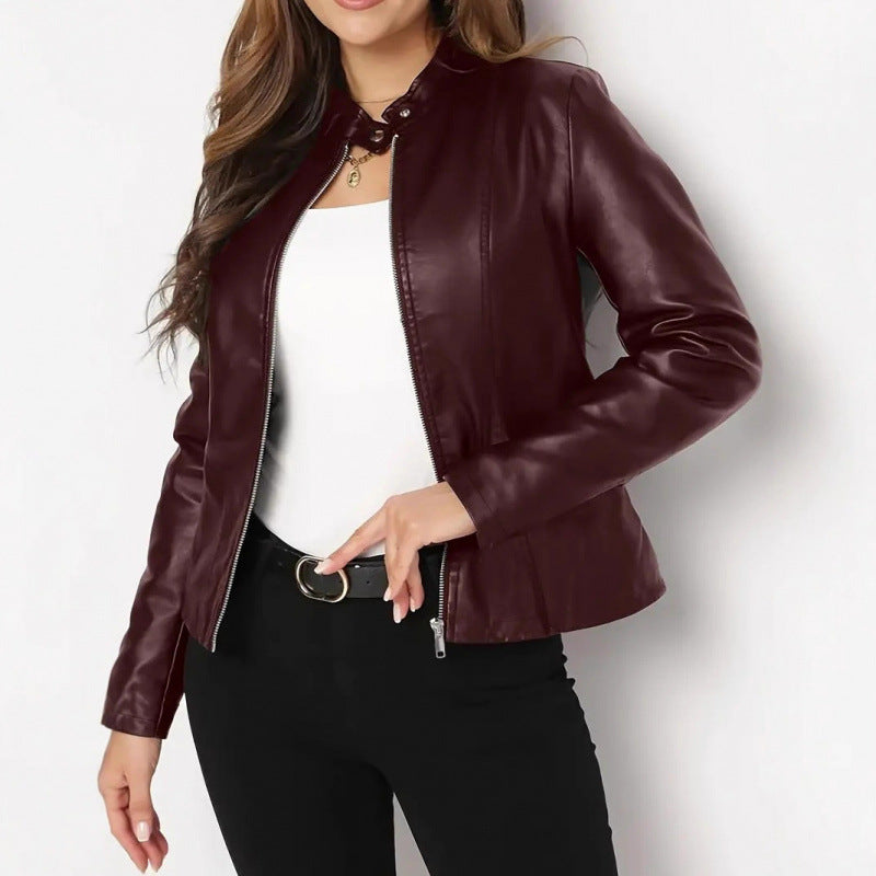 Lederjacke Damen Stehkragen Asymmetrisch Schwarz