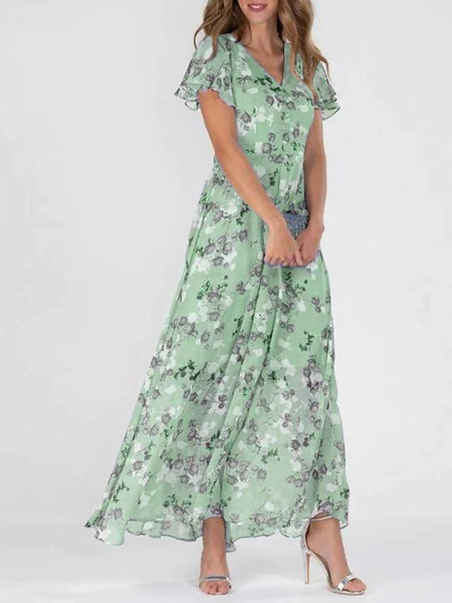 Damen Maxikleid Lang Florale Blumen Chiffon Kleid