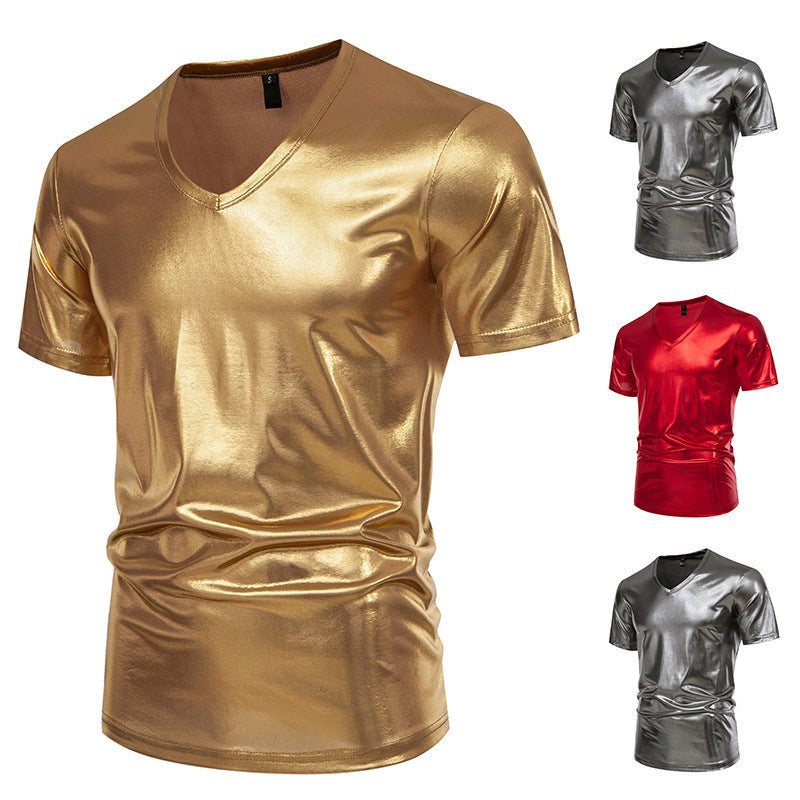 Herren T-Shirt V-Ausschnitt Stretch Glänzend Modern