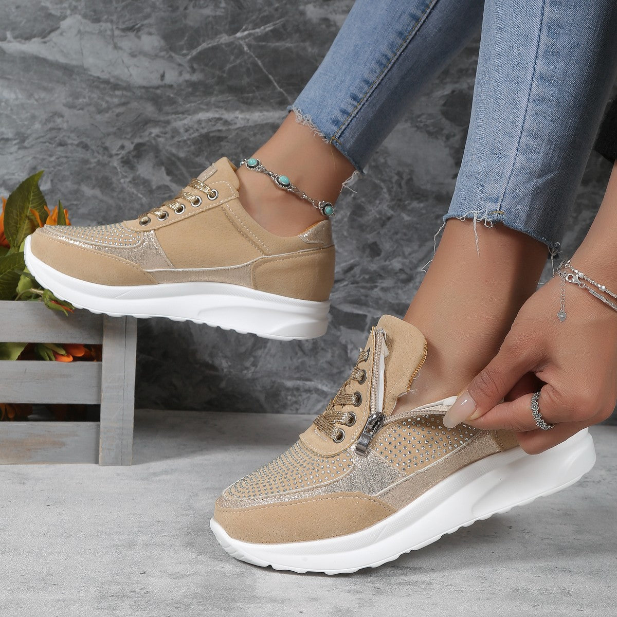 Damen Sneaker Strass Glitzer Reißverschluss Modern