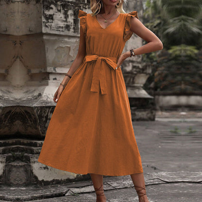 Damen Kleid Midi Tailliert mit Rüschen und Gürtel