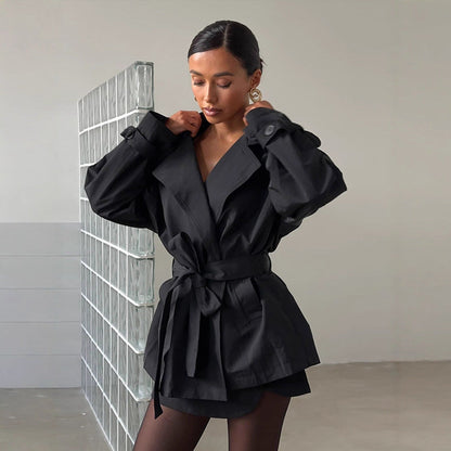 Damen Trenchcoat Kurzjacke Modern mit Taillengürtel und Taschen