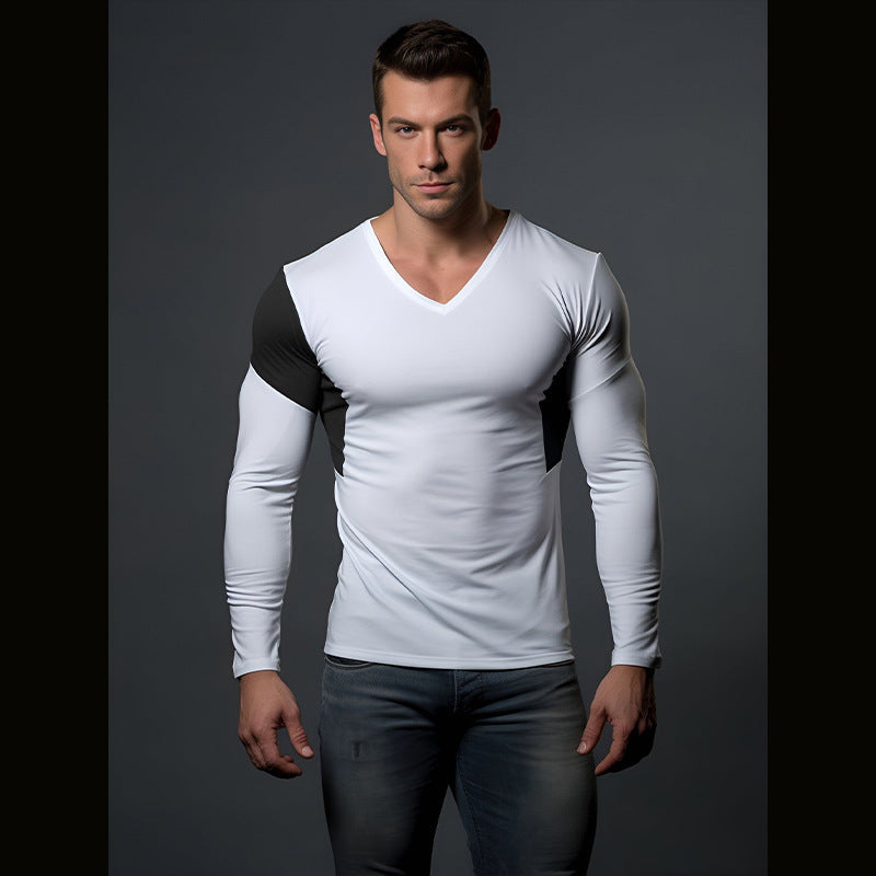 Herren Langarmshirt Modern V-Ausschnitt Kontrast Ärmel - BerlinGlamour