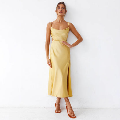 Elegantes Damen Midikleid Satin Rüschen Schnitt