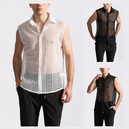 Herren Hemd Ärmellos Spitzenstruktur Elegant Modern