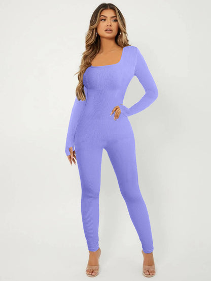 Elegante Damen Jumpsuit Langarm Rippenmuster Chic