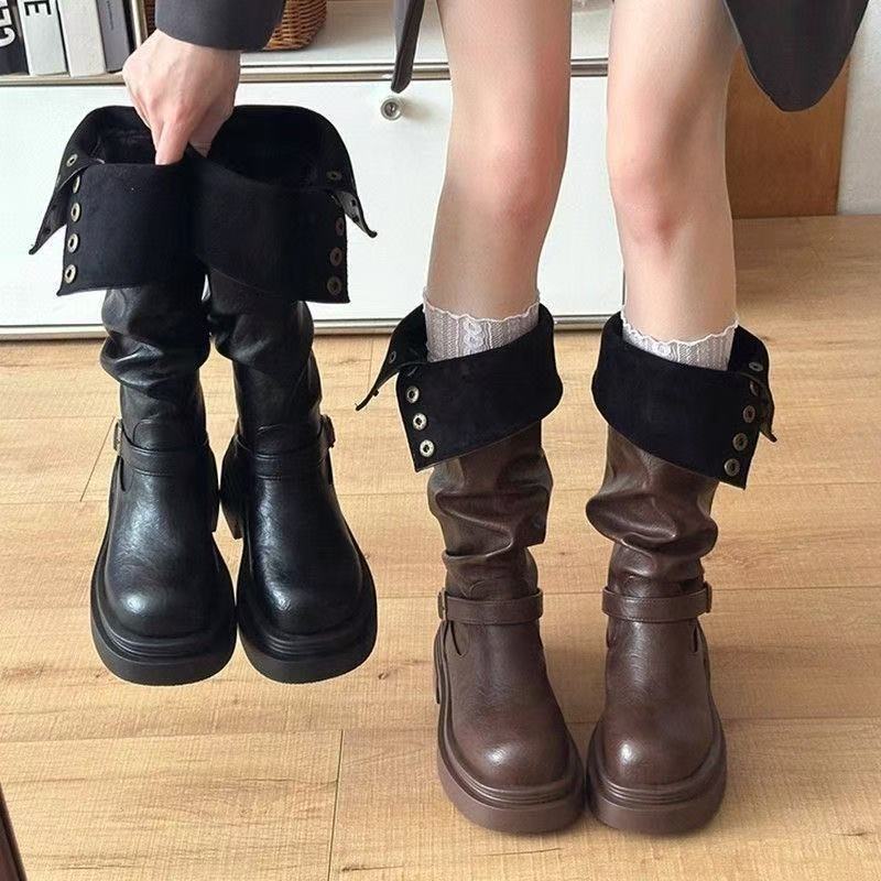 Damen Stiefel Leder Elegant Riemen Schwarz