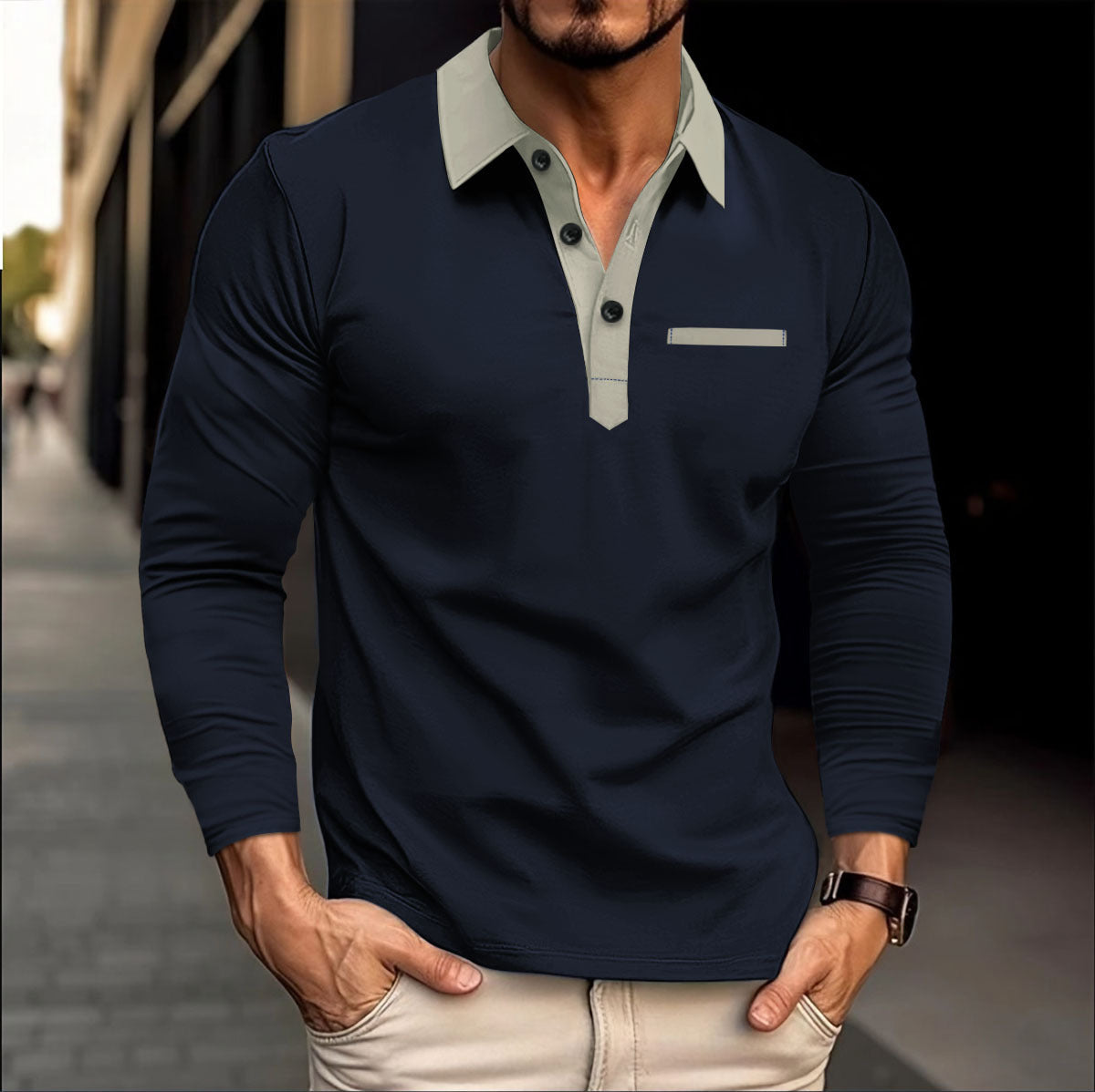 Herren Langarmshirt Elegantes mit Knopfleiste Modern