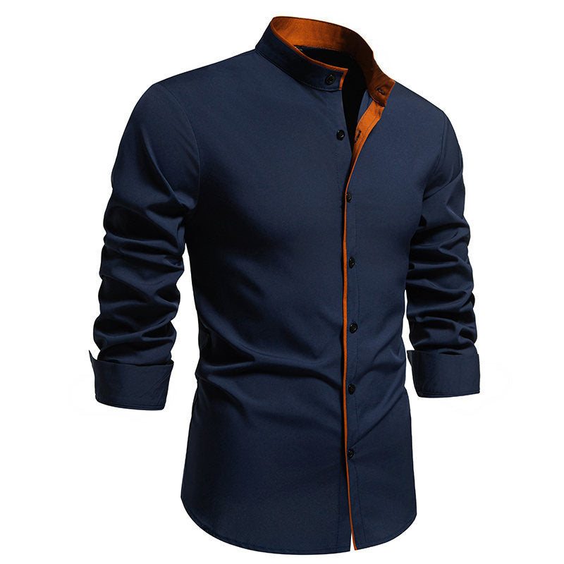 Elegantes Herren Langarmhemd Modern Stehkragen Kontrastnähte