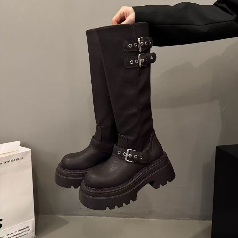 Damen Stiefel Mit Schnallen Schwarz Modisch