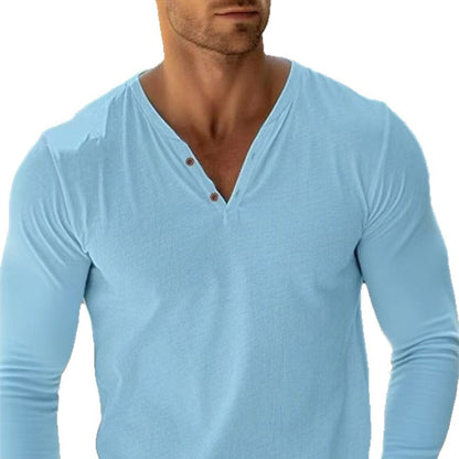 Herren Hemd Langarm V-Ausschnitt Modern Knopfleiste