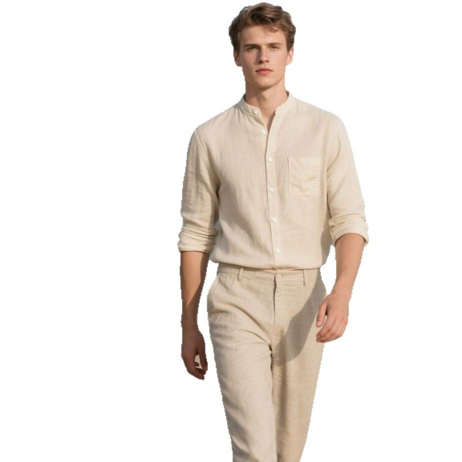 Herren Leinenhemd Stehkragen Sommer Modern