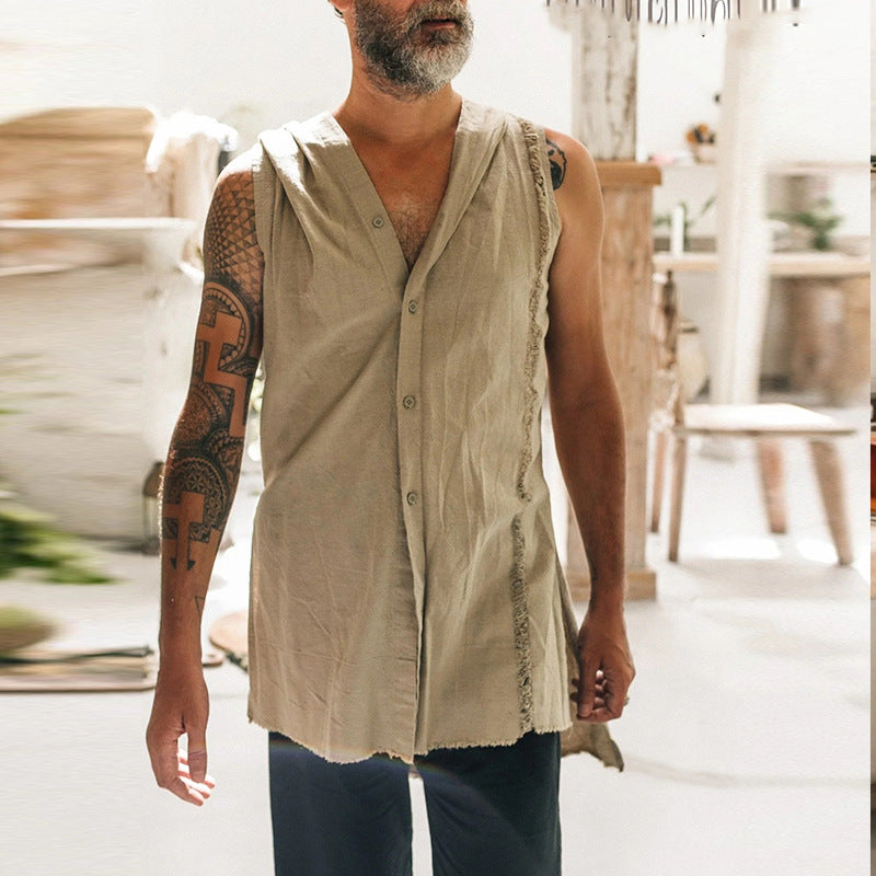 Herren Leinenbluse Ärmellos Knopfleiste Modern