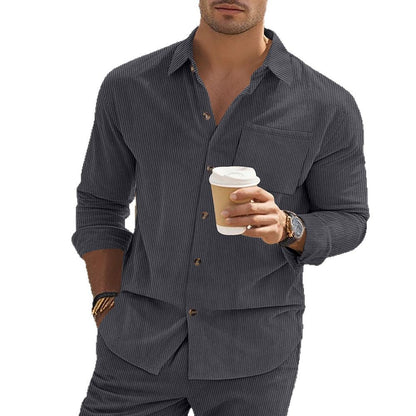 Herren Langarmshirt Streifen Stehkragen mit Brusttasche Modern