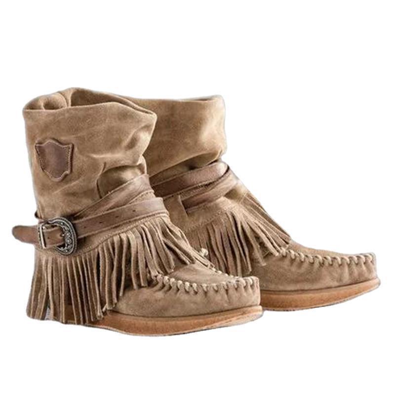 Damen Stiefel Mokassin Fransen Schnalle Modern