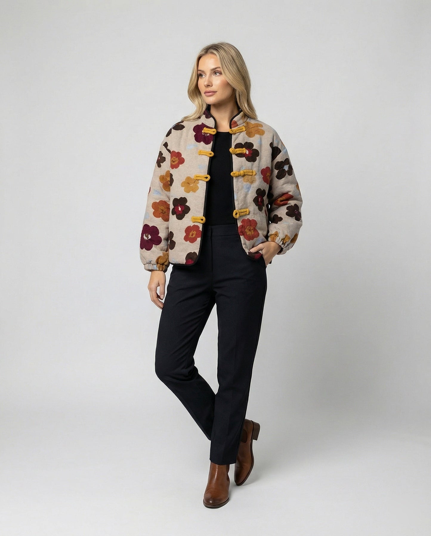 Damen Blumen-Jacke Kurz Ballonärmel Freizeitmode