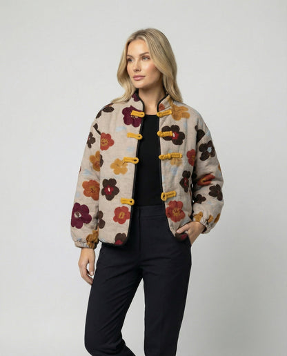 Damen Blumen-Jacke Kurz Ballonärmel Freizeitmode - BerlinGlamour