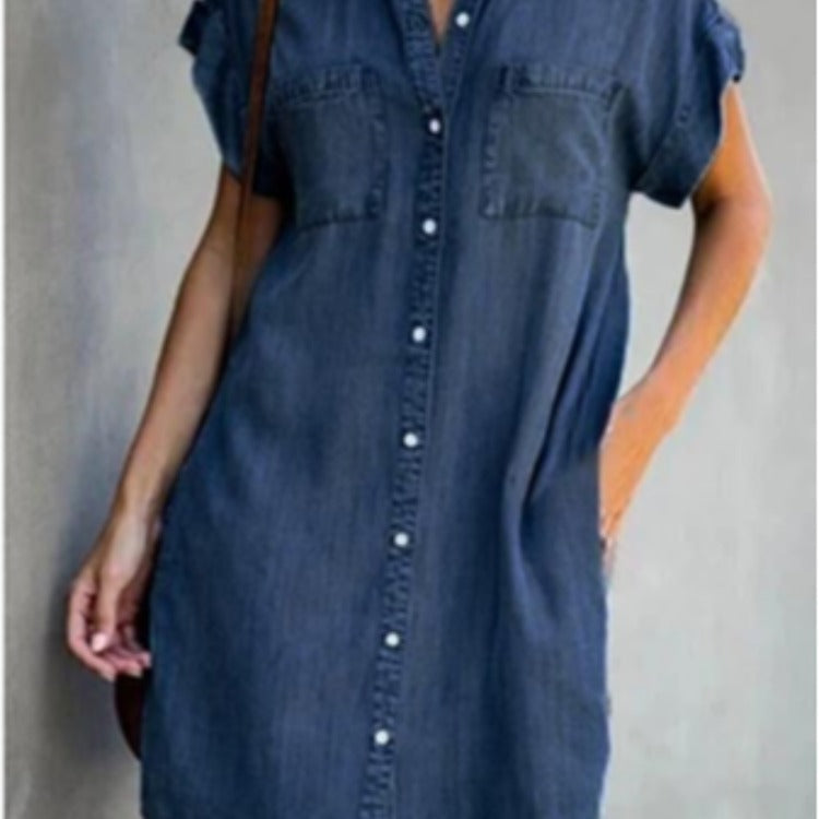 Damen Jeanskleid mit Taschen und Knöpfen Modern