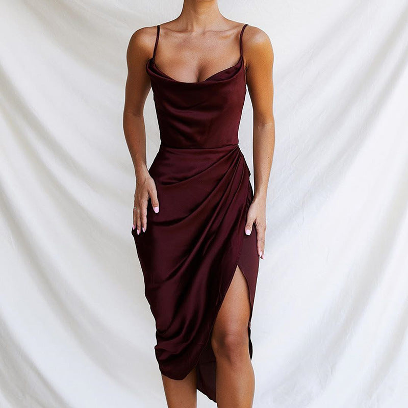 Damen Cocktailkleid Elegant Satin Figurformend Hochschlitz