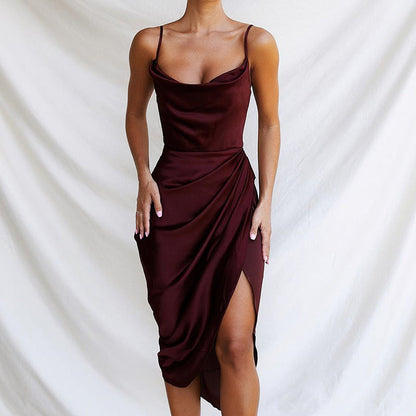 Damen Cocktailkleid Elegant Satin Figurformend Hochschlitz