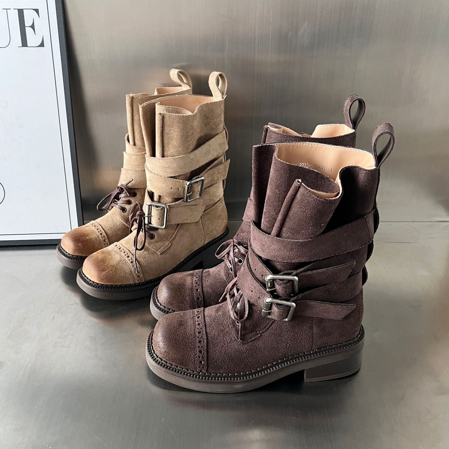 Damen Stiefel Elegante Schnalle Riemen Verstellbar Schwarz