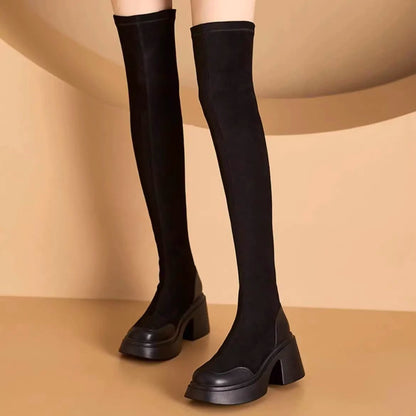 Damen Überknee-Stiefel mit hohem Blockabsatz Modern
