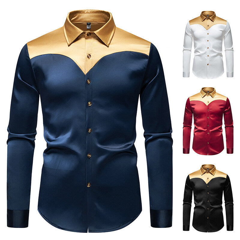 Elegantes Herren Hemd Langarm Glänzend Kontrastkragen Modern