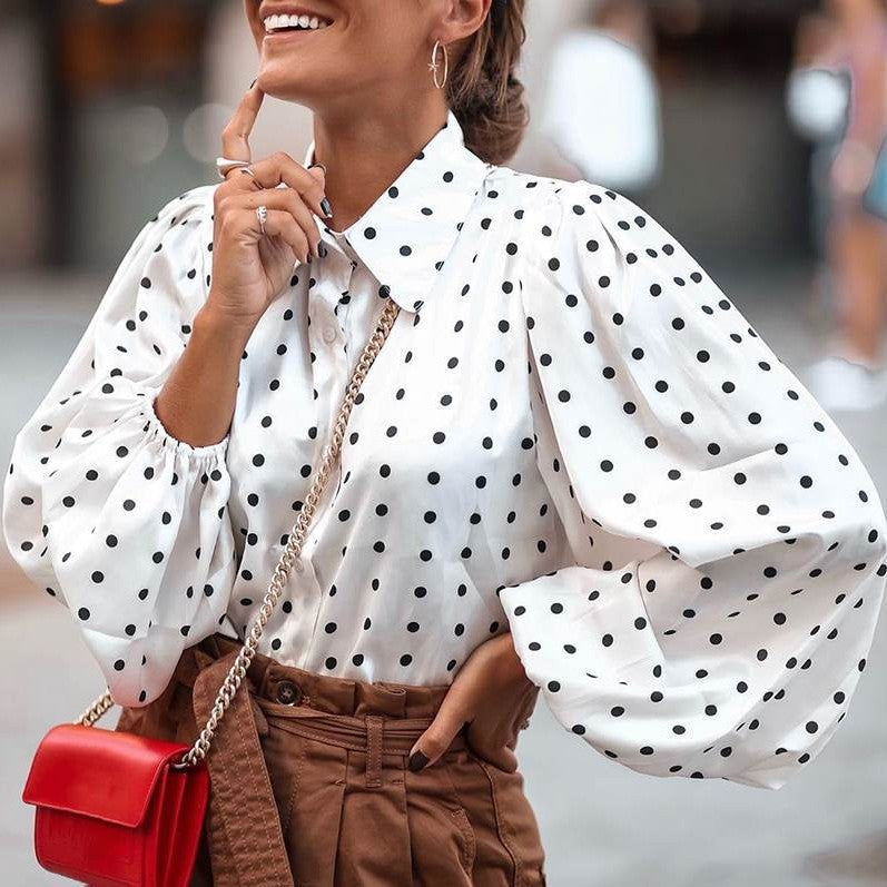 Damen Bluse Polka Dot Rundhals Ballonärmel Modern - BerlinGlamour