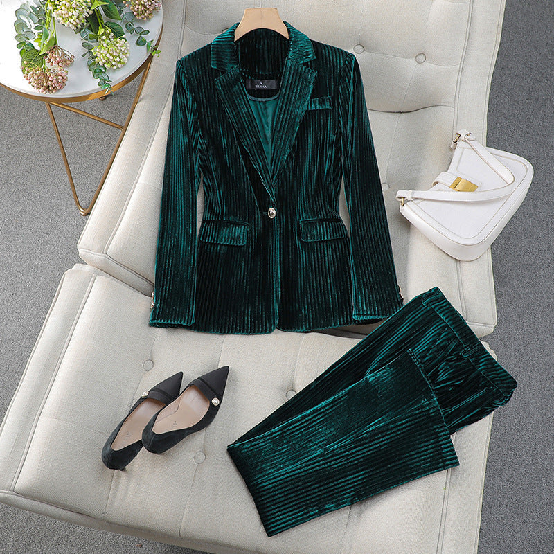 Damen Anzug Set mit Langem Samt Blazer Elegante Business Kleidung