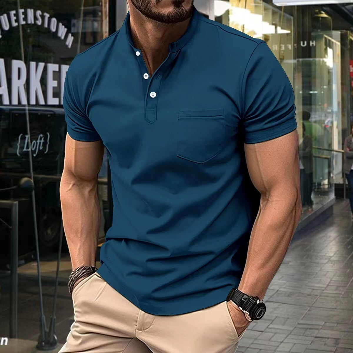 Herren Polohemd Modern Stehkragen Brusttasche Sportlich - BerlinGlamour