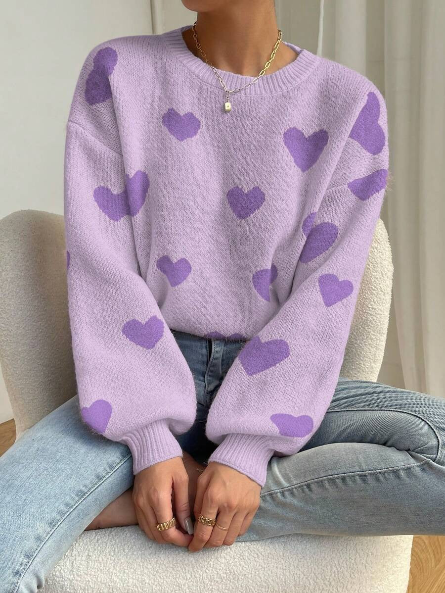 Damen Pullover Weites Herzenmuster Sweater Frauen
