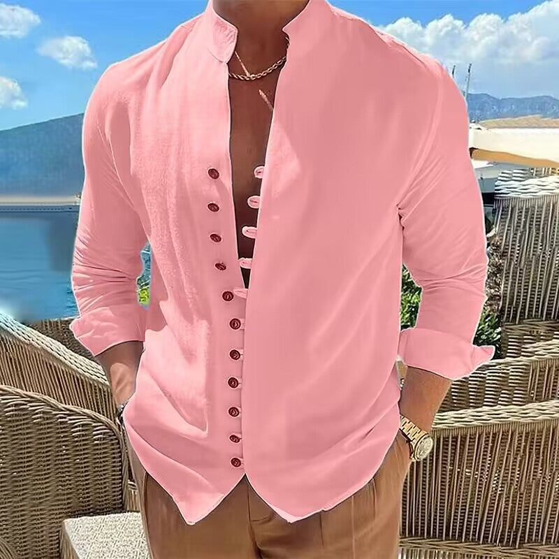 Herren Langarmhemd Modern mit Knopfleiste und Stehkragen